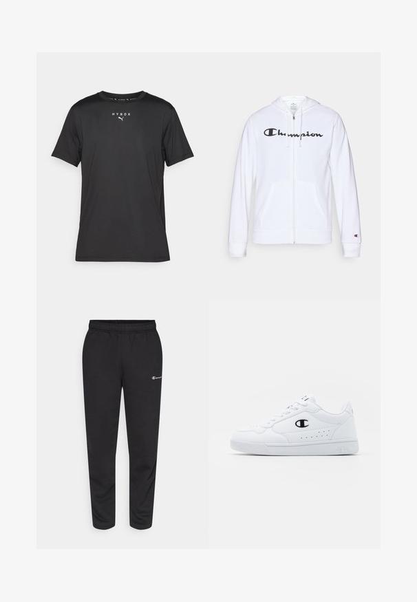 Witte zip-up hoodie van zachte stof, met een zwart "Champion" logo op de borst, kangoeroe zakken en geribbelde manchetten.; Zwarte sport t-shirt met korte mouwen van lichtgewicht stof. Heeft een ronde hals en gedrukt "HYROX" logo met een Puma-embleem aan de voorkant.; Zwarte sweatpants van een katoenmix, met een elastische tailleband en een klein wit logo aan de linkerkant. Tapered ontwerp van de broekspijpen.; Witte sportschoenen met een glad bovenwerk van synthetisch materiaal, zwarte logoaccenten en geperforeerde details aan de zijkant. Rubberen zool.