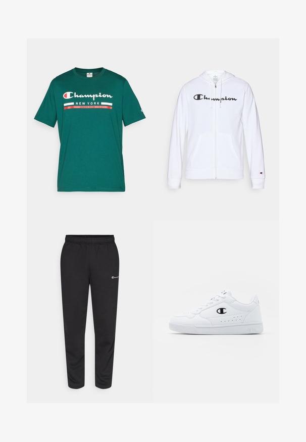 Sudadera blanca con cremallera hecha de tela suave, que presenta un logo negro de "Champion" en el pecho, bolsillos tipo canguro y puños acanalados.; Camiseta de algodón color verde azulado con mangas cortas, que presenta el logo "Champion" y "NEW YORK desde 1919" en texto blanco y rojo en la parte delantera.; Pantalones de chándal negros de mezcla de algodón, con una cinturilla elástica y un pequeño logo blanco en el lado izquierdo. Diseño de pierna ajustada.; Zapatillas deportivas blancas con un upper sintético suave, acento del logo en negro y detalles perforados en los laterales. Suela de goma.