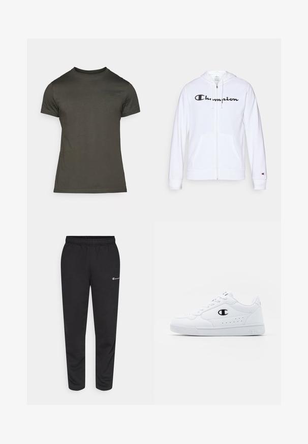 Balta užtrauktuku užsegama džemperis, pagamintas iš minkštos medžiagos, su juodu "Champion" logotipu krūtinėje, kengūrų tipo kišenėmis ir ribotu rankogaliais.; Tamsiai alyvuogių žalia marškinėliai, trumpomis rankovėmis, apvali iškirptė, pagaminti iš švelnios medvilnės su subtiliu logotipu ant priekinės pusės. Glotni tekstūra, kasdieniškas kirpimas.; Juodos medvilnės mišinio sportinės kelnės, su elastine juosta ir maža balta logo kairėje pusėje. Šlaunies siaurinimo dizainas.; Baltos sportinės kedai su lygiu sintetinės medžiagos viršumi, juodu logotipo akcentu ir perforuotomis detalėmis šonuose. Gumos padas.