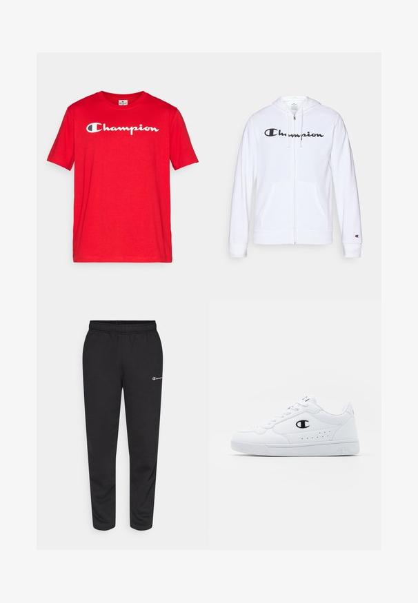 Hvit zip-up hettegenser laget av myk stoff, med en svart "Champion" logo på brystet, kengurulommer og ribbede mansjetter.; Champion ICONS CREWNECK WITH LARGE LOGO - T-shirts med print - red; svarte sweatpants laget av en bomullsblanding, med elastisk midjebånd og en liten hvit logo på venstre side. Tapered ben design.; Hvite atletiske joggesko med en glatt syntetisk overdel, svart logo-akcent og perforerte detaljer på siden. Gummisåle.