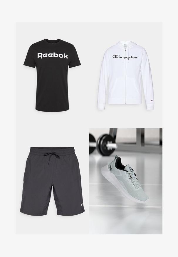 Hvit zip-up hettegenser laget av myk stoff, med en svart "Champion" logo på brystet, kengurulommer og ribbede mansjetter.; Svart bomull t-skjorte med en stor hvit "Reebok" logo over brystet. Korte ermer og rund hals-design.; Svart treningshorts med elastisk midjebånd og snøring. Glatt stoff, kne-lengde, med en liten hvit logo på nederste høyre side.; Lysegrå trening sko med mesh-overdel, svarte detaljer og hvit såle. Har et teksturert mønster og snøring.