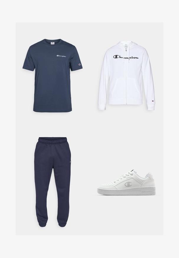 Balts zip-up džemperis, izgatavots no mīkstas auduma, ar melnu "Champion" logotipu uz krūtīm, kengura kabatām un ribotām piedurknēm.; Jūras divkrāsu īsām piedurknēm T-krekls no kokvilnas ar apaļu izgriezumu un baltu "Champion" logo uz krūšu un piedurknes.; Champion ICONS CUFF PANTS - Treniņtērpa apakšdaļas - navy; Baltas ādas sporta apavi ar gludu tekstūru, apaļu purngalu, perforāciju detaļām un diskrētu logo uz sāniem. Bieza gumijas zoles.