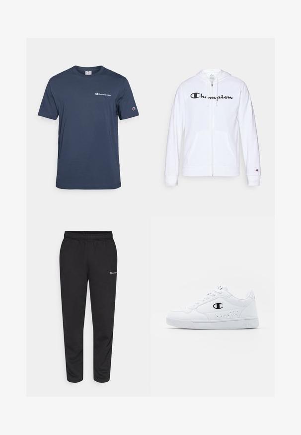Fehér zipzáros kapucnis felső, puha anyagból készült, fekete "Champion" logóval a mellkasán, kenguruzsebekkel és bordás mandzsettákkal.; Tengerészkék, rövid ujjú, pamut póló, kerek nyakkivágással és fehér "Champion" logóval a mellkasán és az ujján.; Fekete pamutkeverék melegítőnadrág, rugalmas derékkal és egy kis fehér logóval a bal oldalon. Felhúzott lábujjakkal rendelkező fazon.; Fehér sportcipők sima, szintetikus felsőrésszel, fekete logóval és perforált részletekkel az oldalon. Gumi talp.