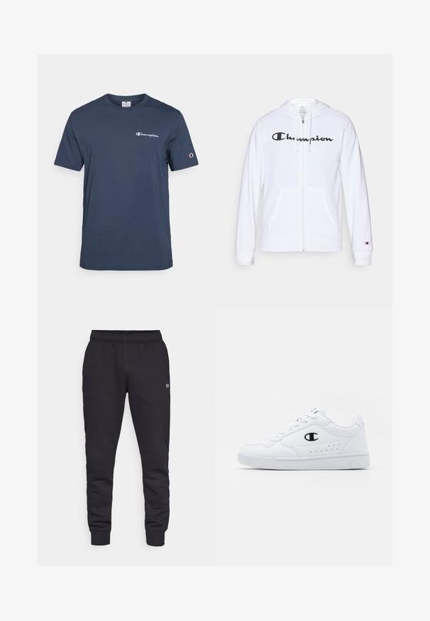 Sweatshirt branca com fecho, feita de tecido macio, apresentando um logótipo preto da "Champion" no peito, bolsos canguru e punhos canelados.; T-shirt azul marinho de mangas curtas, feito de algodão, com decote redondo e logotipo branco "Champion" no peito e na manga.; Calças de moletão pretas em algodão com uma cintura elástica e punhos. Apresenta detalhe do logotipo na lateral. Textura suave, design ajustado.; Sapatilhas brancas de desporto com um cabedal sintético liso, detalhes em preto no logótipo e perfurações na lateral. Sola em borracha.