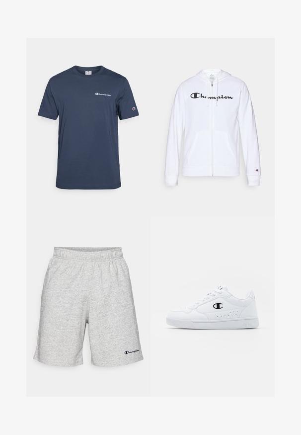 Biała bluza z kapturem na zamek, wykonana z miękkiego materiału, z czarnym logo "Champion" na piersi, kieszeniami kangurzymi i ściagaczami na rękawach.; Granatowy t-shirt z krótkim rękawem wykonany z bawełny, z okrągłym dekoltem i białym logo "Champion" na piersi oraz rękawie.; Szare szorty z dzianiny z elastycznym pasem i granatowym logo "Champion" na dolnej lewej stronie.; Białe sportowe sneakersy z gładką syntetyczną cholewką, czarnym akcentem logo i perforowanymi detalami po boku. Gumowa podeszwa.