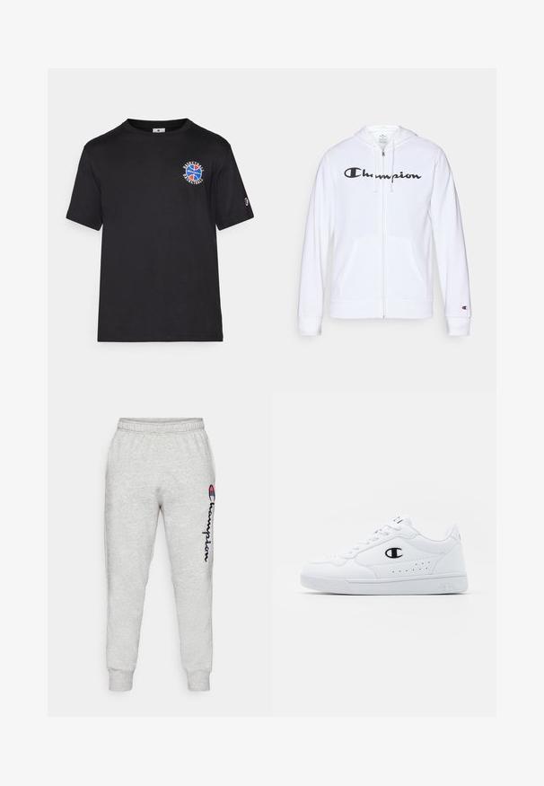 Balta užtrauktuku užsegama džemperis, pagamintas iš minkštos medžiagos, su juodu "Champion" logotipu krūtinėje, kengūrų tipo kišenėmis ir ribotu rankogaliais.; Juodos medvilnės marškinėliai trumpomis rankovėmis, pasižymintys apvaliu raudonu, mėlynu ir baltesniu krepšinio grafinu krūtinėje ir mažu logotipu ant rankovės.; Šviesiai pilkos medvilnės sportinės kelnės su raštuotais kaklais, turinčios vertikalų tamsiai mėlyną "Champion" logotipą ir subtilią tekstūrą. Elastinga juosmens juosta suteikia patogumą.; Baltos sportinės kedai su lygiu sintetinės medžiagos viršumi, juodu logotipo akcentu ir perforuotomis detalėmis šonuose. Gumos padas.
