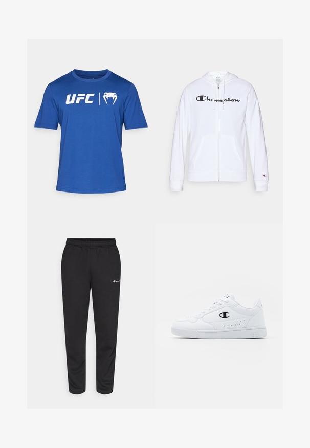 Hvid zip-hoodie lavet af blødt stof, med et sort "Champion" logo på brystet, kængurulommer og ribbede manchetter.; Kortærmet blå t-shirt lavet af bomuld, med hvid "UFC" tekst og et logo på forsiden, rund halsudskæring og normal pasform.; Sorte svedbukser lavet af en bomuldsblanding, med elastisk talje og et lille hvidt logo på venstre side. Bukserne har en tapered bendesign.; Hvide atletiske sneakers med en glat syntetisk overdel, sort logoaccent og perforerede detaljer på siden. Gummisål.