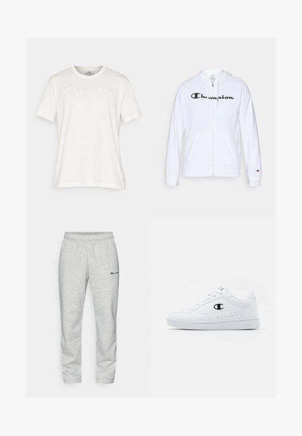 Bijela zip-up dukserica izrađena od mekog materijala, s crnim "Champion" logotipom na prsima, kengur džepovima i rebrastim manžetama.; Bijela pamučna majica s kratkim rukavima, koja ima reljefni "Champion" logo na prsima, okrugli izrez i ravni rub.; Sive trenirke od mješavine pamuka, s elastičnim pojasom i malim veznim logom u tamnoplavoj boji na lijevoj nozi.; Bijele atletske tenisice s glatkim sintetičkim gornjištem, crnim logotipom i perforiranim detaljima sa strane. Guma potplat.