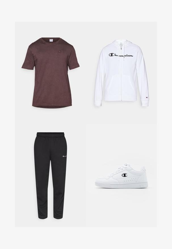 Biela zipsová mikina vyrobená z mäkkej tkaniny, s čiernym logom "Champion" na hrudi, klokankovými vreckami a rebrovanými manžetami.; Hnedé bavlnené tričko s kruhovým výstrihom, krátkymi rukávmi a malým embosovaným logom na hrudi. Mäkká textúra, voľný strih.; Čierne tepláky vyrobené z bavlneného zmesi, s elastickým pásom a malým bielym logom na ľavej strane. Zúžený strih nohavíc.; Biele športové tenisky s hladkým syntetickým zvrškom, čiernym logom a perforovanými detailmi na boku. Gumová podošva.
