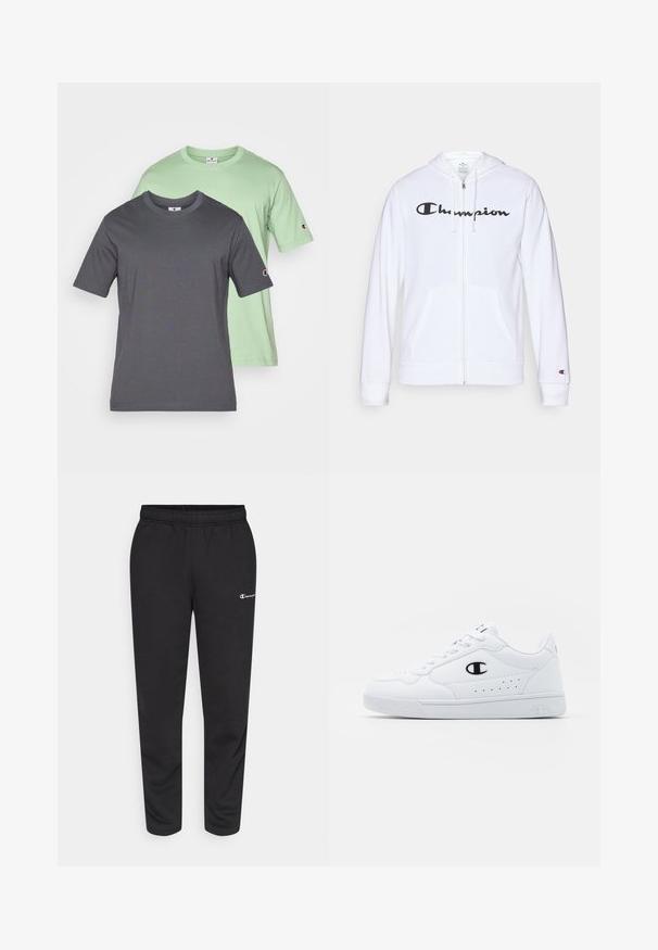 Biela zipsová mikina vyrobená z mäkkej tkaniny, s čiernym logom "Champion" na hrudi, klokankovými vreckami a rebrovanými manžetami.; Dve tričká s krátkym rukávom, jedno šedé a jedno mentolovo zelené, vyrobené z bavlny, s okrúhlym výstrihom a logom na ľavých rukávoch.; Čierne tepláky vyrobené z bavlneného zmesi, s elastickým pásom a malým bielym logom na ľavej strane. Zúžený strih nohavíc.; Biele športové tenisky s hladkým syntetickým zvrškom, čiernym logom a perforovanými detailmi na boku. Gumová podošva.