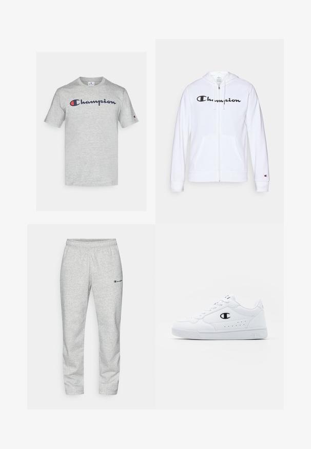 Balts zip-up džemperis, izgatavots no mīkstas auduma, ar melnu "Champion" logotipu uz krūtīm, kengura kabatām un ribotām piedurknēm.; Gaiši pelēks kokvilnas T-krekls ar tumši zilu "Champion" logo uz krūtīm un mazu logo uz piedurknes. Klasisks apaļais dekoltē dizains.; Pelēkas treniņbikses, kas izgatavotas no kokvilnas maisījuma, ar elastīgu jostasvītru un nelielu izšūtu logotipu tumši zilā krāsā uz kreisā kājas.; Baltas sporta apavi ar gludu sintētisku augšdaļu, melnu logotipa akcentu un perforētu apdari sānos. Gumijas zole.