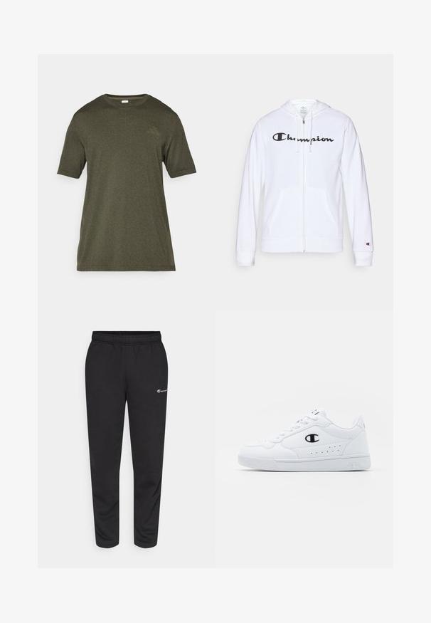 Biała bluza z kapturem na zamek, wykonana z miękkiego materiału, z czarnym logo "Champion" na piersi, kieszeniami kangurzymi i ściagaczami na rękawach.; Oliwkowa, krótka koszulka z rękawem wykonana z miękkiego, teksturowanego materiału, z okrągłym dekoltem; zawiera subtelne logo na piersi.; Czarne dresy wykonane z mieszanki bawełny, z elastycznym pasem w talii i małym białym logo po lewej stronie. Zwężany krój nogawki.; Białe sportowe sneakersy z gładką syntetyczną cholewką, czarnym akcentem logo i perforowanymi detalami po boku. Gumowa podeszwa.