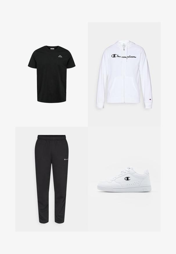 Hvid zip-hoodie lavet af blødt stof, med et sort "Champion" logo på brystet, kængurulommer og ribbede manchetter.; Kappa CAFERS - T-shirts basic - black; Sorte svedbukser lavet af en bomuldsblanding, med elastisk talje og et lille hvidt logo på venstre side. Bukserne har en tapered bendesign.; Hvide atletiske sneakers med en glat syntetisk overdel, sort logoaccent og perforerede detaljer på siden. Gummisål.
