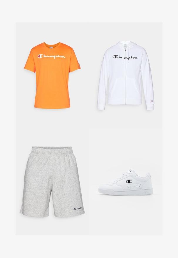 White zip-up hoodie made of soft fabric, featuring a black "Champion" logo on the chest, kangaroo pockets, and ribbed cuffs.; Orange cotton t-shirt with a round neckline and short sleeves. Features white "Champion" text across the front. Smooth texture.; Gray jersey material shorts with an elastic waistband and a navy blue "Champion" logo on the lower left side.; White athletic sneakers with a smooth synthetic upper, black logo accent, and perforated detailing on the side. Rubber sole.