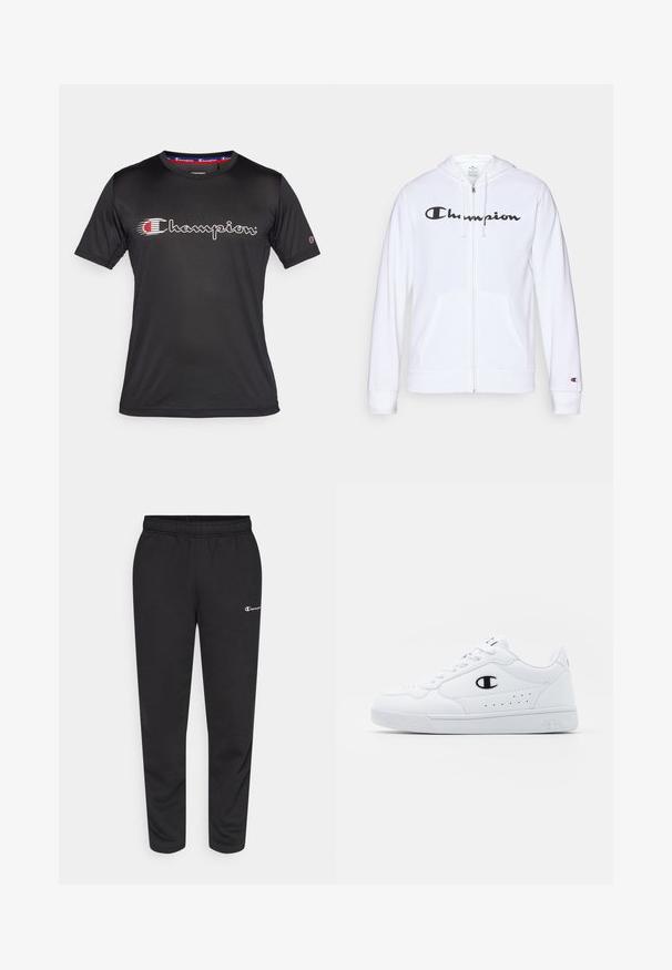 Biela zipsová mikina vyrobená z mäkkej tkaniny, s čiernym logom "Champion" na hrudi, klokankovými vreckami a rebrovanými manžetami.; Champion TECH CREWNECK TRAIN LARGE LOGO - Tričko s potlačou - black; Čierne tepláky vyrobené z bavlneného zmesi, s elastickým pásom a malým bielym logom na ľavej strane. Zúžený strih nohavíc.; Biele športové tenisky s hladkým syntetickým zvrškom, čiernym logom a perforovanými detailmi na boku. Gumová podošva.