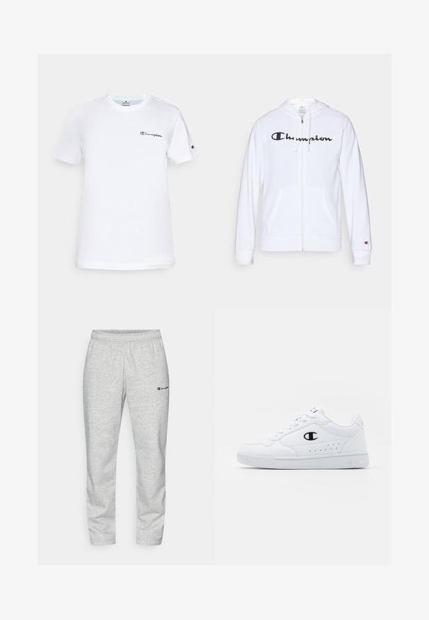 Weißer Reißverschluss-Hoodie aus weichem Stoff, mit einem schwarzen "Champion"-Logo auf der Brust, Kängurutaschen und gerippten Bündchen.; Weißes Baumwoll-T-Shirt mit rundem Halsausschnitt, kurzen Ärmeln und schwarzem gesticktem "Champion"-Logo auf der Brust und am Ärmel.; Graue Sweatpants aus Baumwollmischung mit einem elastischen Taillenbund und einem kleinen, in Marineblau gestickten Logo am linken Bein.; Weißes sportliches Sneakerpaar mit glattem, synthetischen Obermaterial, schwarzem Logo-Akzent und perforierten Details an der Seite. Gummisohle.