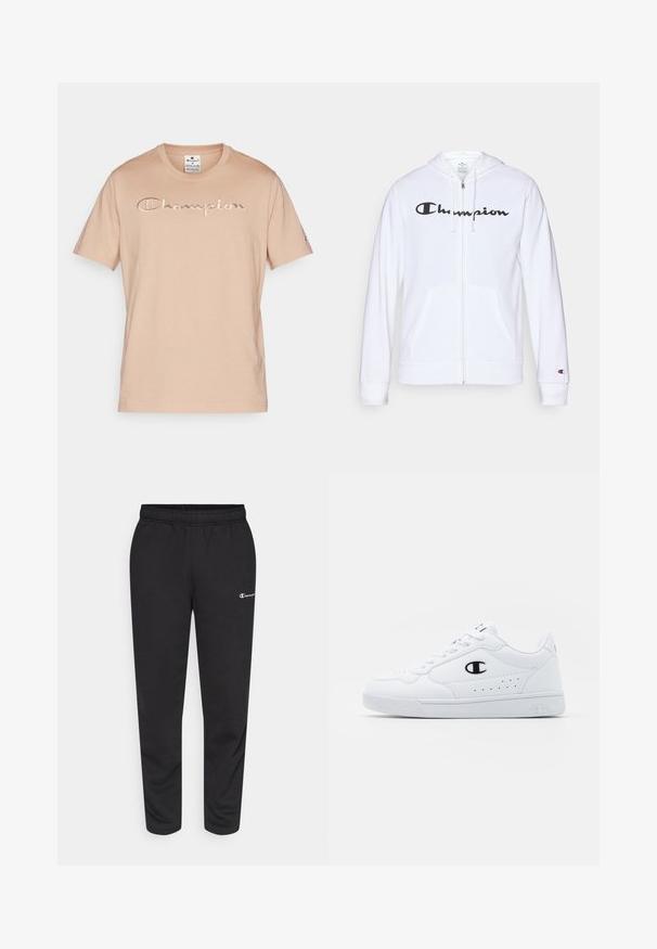 White zip-up hoodie made of soft fabric, featuring a black "Champion" logo on the chest, kangaroo pockets, and ribbed cuffs.; Beige short-sleeve cotton t-shirt with embroidered "Champion" logo on chest and small logo patch on left sleeve.; Black sweatpants made of cotton blend, featuring an elastic waistband and a small white logo on the left side. Tapered leg design.; White athletic sneakers with a smooth synthetic upper, black logo accent, and perforated detailing on the side. Rubber sole.