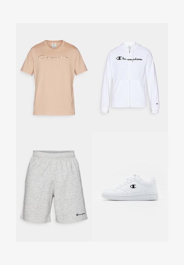 Witte zip-up hoodie van zachte stof, met een zwart "Champion" logo op de borst, kangoeroe zakken en geribbelde manchetten.; Beige katoenen t-shirt met korte mouwen en geborduurd "Champion" logo op de borst en een klein logo-op-zet op de linker-mouw.; Grijze jersey materiaal shorts met een elastische tailleband en een marineblauw "Champion" logo op de linkeronderkant.; Witte sportschoenen met een glad bovenwerk van synthetisch materiaal, zwarte logoaccenten en geperforeerde details aan de zijkant. Rubberen zool.