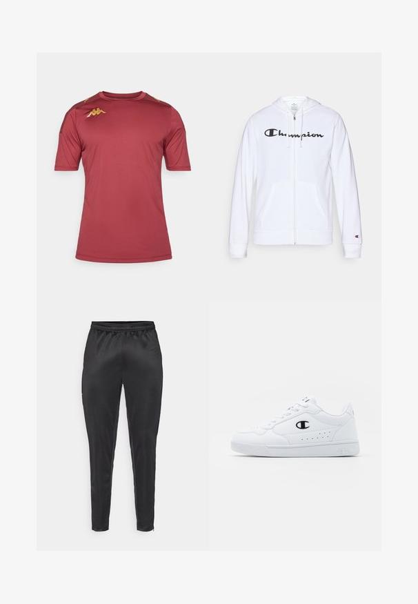 Valge tõmbluku eest avanev kapuutsiga pusa, mis on valmistatud pehmest kangast. Ees on must "Champion" logo, taskud on nagu känguru taskud ja varrukaotsad on soonilised.; Sügavpunane spordit-särk, mis on valmistatud niiskust eemaldavast kangast, lühikeste varrukatega, ümarate kaelustega ja kuldsete logo detailidega õlgadel.; Musternad mustreerid, mis on valmistatud siledast ja kerge materjalist. Omab elastset vöökohta ja kitsast lõiget, varustatud lukuga taskutega.; Valged spordijalatsid, millel on sile sünteetiline pealmine osa, must logo aktsent ja perforatsioonid külgedel. Kummikreen.