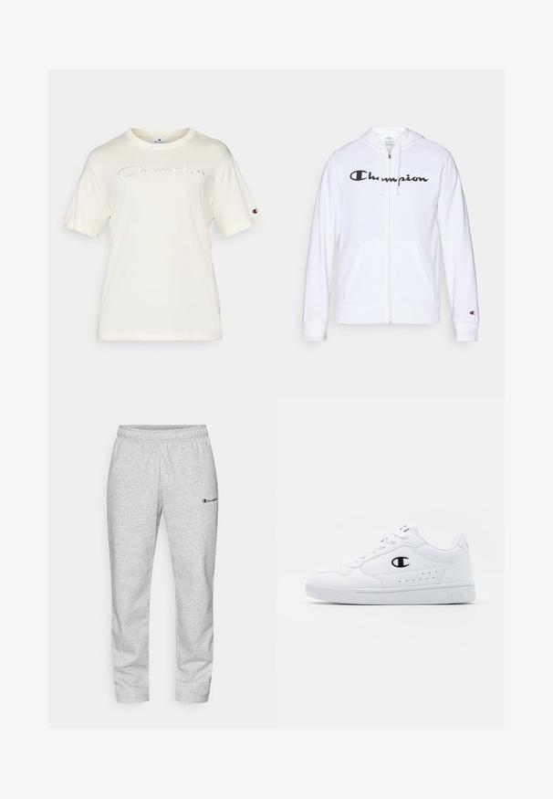 Weißer Reißverschluss-Hoodie aus weichem Stoff, mit einem schwarzen "Champion"-Logo auf der Brust, Kängurutaschen und gerippten Bündchen.; Cremefarbene Baumwoll-T-Shirt mit kurzen Ärmeln, mit besticktem "Champion"-Logo auf der Vorderseite und Logo-Patch am linken Ärmel.; Graue Sweatpants aus Baumwollmischung mit einem elastischen Taillenbund und einem kleinen, in Marineblau gestickten Logo am linken Bein.; Weißes sportliches Sneakerpaar mit glattem, synthetischen Obermaterial, schwarzem Logo-Akzent und perforierten Details an der Seite. Gummisohle.