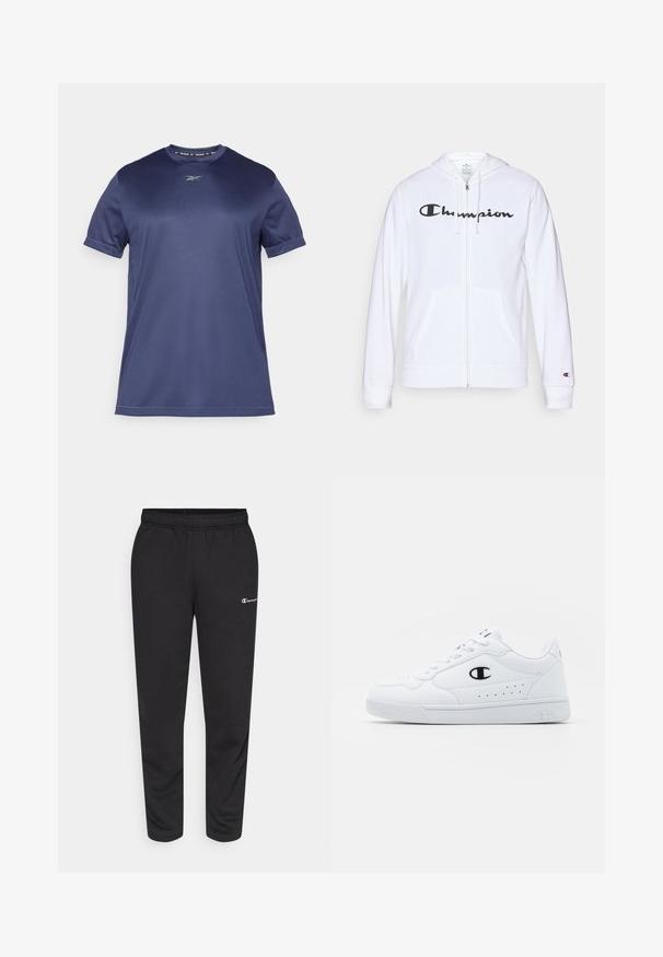 Bílá mikina na zip vyrobená z měkké tkaniny, s černým logem "Champion" na hrudi, kapsami ve tvaru klokaní kapsy a žebrovanými manžetami.; Námořnická modrá sportovní tričko s krátkým rukávem vyrobené z hladké, elastické látky. Obsahuje kulatý výstřih a decentní logo na hrudi.; Černé tepláky vyrobené z bavlněné směsi, s elastickým pasem a malým bílým logem na levé straně. Design se zúženými nohavicemi.; Bílé sportovní tenisky s hladkým syntetickým svrškem, černým logem a perforovanými detaily po stranách. Gumová podrážka.
