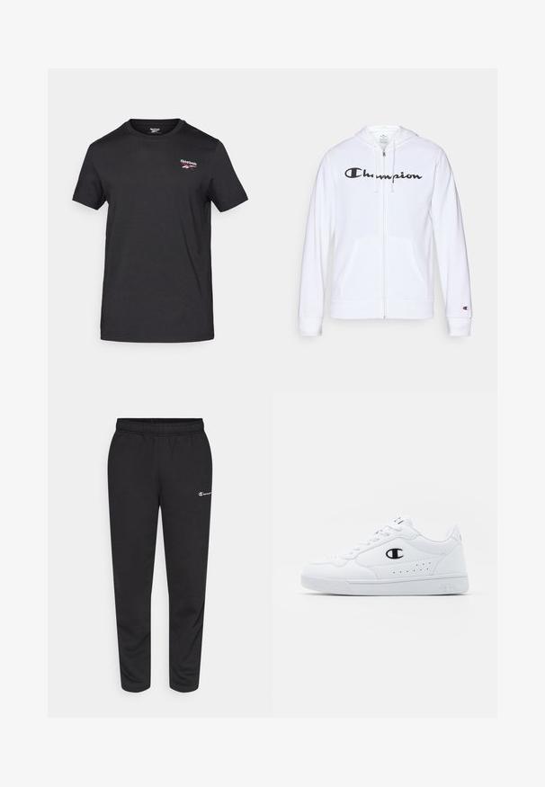 Bela zip-up kapuca iz mehkega materiala, s črnim logotipom "Champion" na prsih, kengurujskimi žepi in rebrastimi manšetami.; Reebok IDENTITY SMALL LOGO TEE - Navadna majica - black/white/vector red; Črne trenirke iz mešanice bombaža, ki imajo elastičen pas in majhen bel logotip na levi strani. Zasnova zoženih hlač.; Bela atletska športna obutev z gladkim sintetičnim zgornjim delom, črnimi logotipnimi detajli in perforacijami na strani. Guma podplat.