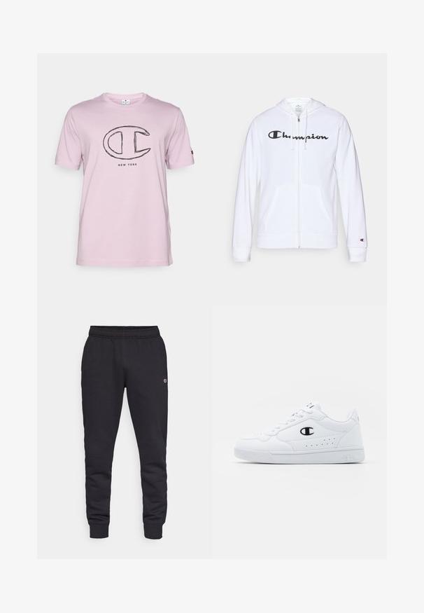 Haut de hoodie zippé blanc en tissu doux, avec un logo "Champion" noir sur la poitrine, des poches kangourou et des poignets côtelés.; T-shirt en coton rose clair à manches courtes avec un grand logo "C" brodé en noir qui affiche "NEW YORK" en dessous.; Pantalons de survêtement en coton noir avec une taille élastique et des poignets élastiques. Détails du logo sur le côté. Texture lisse, design effilé.; Baskets de sport blanches avec une tige synthétique lisse, accent logo noir et détails perforés sur le côté. Semelle en caoutchouc.