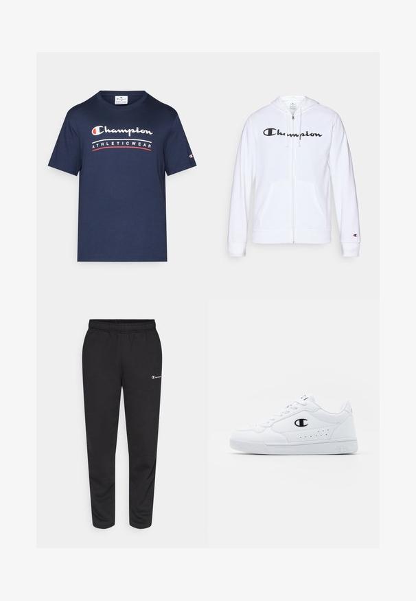 Sudadera blanca con cremallera hecha de tela suave, que presenta un logo negro de "Champion" en el pecho, bolsillos tipo canguro y puños acanalados.; Camiseta de algodón azul marino con cuello redondo, que presenta un gráfico de texto en blanco y rojo "Champion ATHLETICWEAR" en el pecho. Mangas cortas.; Pantalones de chándal negros de mezcla de algodón, con una cinturilla elástica y un pequeño logo blanco en el lado izquierdo. Diseño de pierna ajustada.; Zapatillas deportivas blancas con un upper sintético suave, acento del logo en negro y detalles perforados en los laterales. Suela de goma.