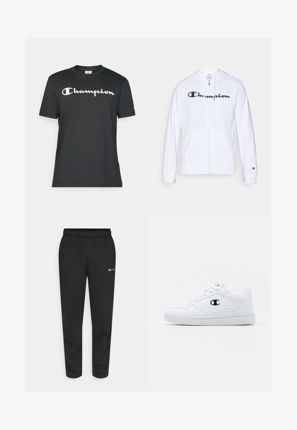Bílá mikina na zip vyrobená z měkké tkaniny, s černým logem "Champion" na hrudi, kapsami ve tvaru klokaní kapsy a žebrovanými manžetami.; Černé bavlněné tričko s krátkým rukávem a kulatým výstřihem. Na hrudi je vytištěno bílé logo "Champion".; Černé tepláky vyrobené z bavlněné směsi, s elastickým pasem a malým bílým logem na levé straně. Design se zúženými nohavicemi.; Bílé sportovní tenisky s hladkým syntetickým svrškem, černým logem a perforovanými detaily po stranách. Gumová podrážka.