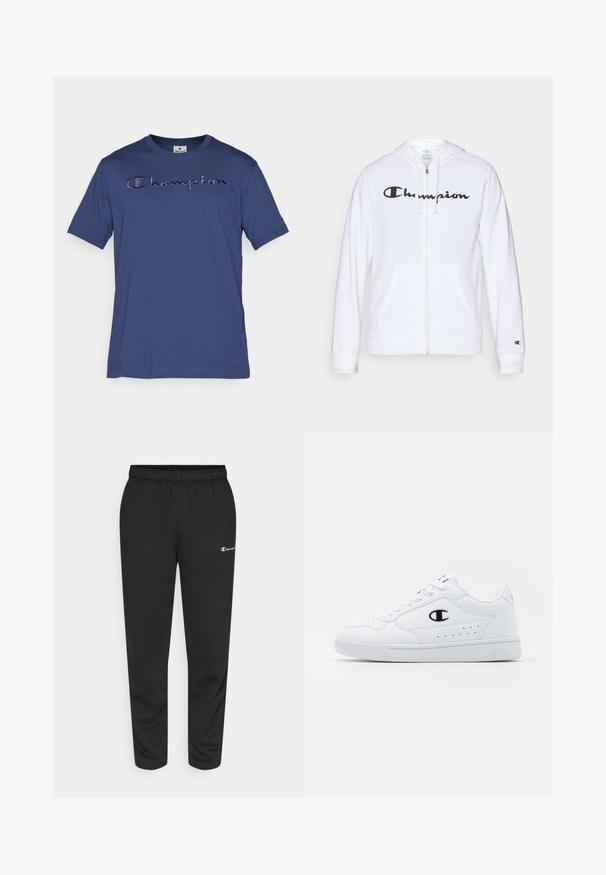White zip-up hoodie made of soft fabric, featuring a black "Champion" logo on the chest, kangaroo pockets, and ribbed cuffs.; Navy blue cotton t-shirt with short sleeves, featuring embroidered "Champion" logo in a lighter shade across the chest.; Black sweatpants made of cotton blend, featuring an elastic waistband and a small white logo on the left side. Tapered leg design.; White athletic sneakers with a smooth synthetic upper, black logo accent, and perforated detailing on the side. Rubber sole.