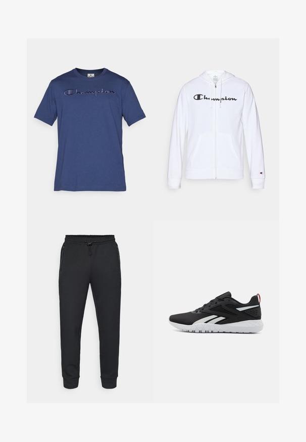 Weißer Reißverschluss-Hoodie aus weichem Stoff, mit einem schwarzen "Champion"-Logo auf der Brust, Kängurutaschen und gerippten Bündchen.; Dunkelblaue Baumwoll-T-Shirt mit kurzen Ärmeln, mit gesticktem "Champion"-Logo in einem helleren Farbton auf der Brust.; Schwarze sportliche Jogginghosen mit einem elastischen Bund und Kordelzug, seitlichen Reißverschlusstaschen und gerippten Bündchen. Hergestellt aus einem weichen, strukturierten Stoff.; Schwarze Sportschuhe mit einem oberen Teil aus Mesh, weißen Akzenten, einer strukturierten Sohle und einer roten Fersenschlaufe für zusätzliche Details.