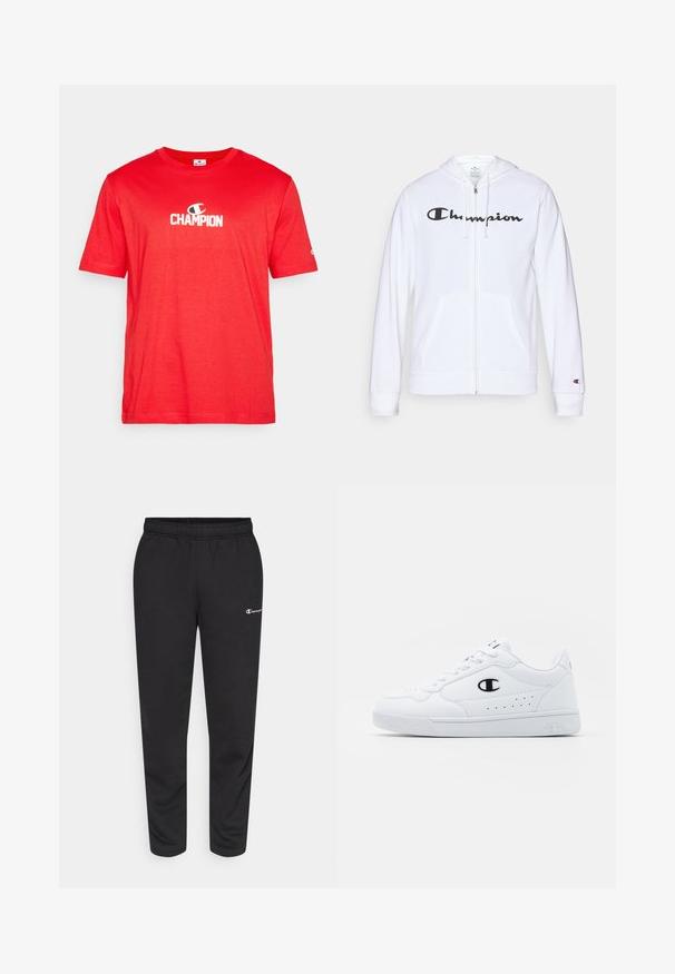 Hvid zip-hoodie lavet af blødt stof, med et sort "Champion" logo på brystet, kængurulommer og ribbede manchetter.; Rød bomulds T-shirt med et hvidt "CHAMPION" logo centreret på brystet, korte ærmer og en rund halsudskæring.; Sorte svedbukser lavet af en bomuldsblanding, med elastisk talje og et lille hvidt logo på venstre side. Bukserne har en tapered bendesign.; Hvide atletiske sneakers med en glat syntetisk overdel, sort logoaccent og perforerede detaljer på siden. Gummisål.
