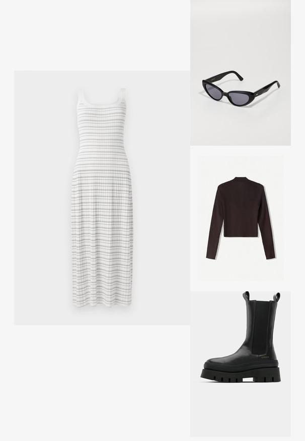Bershka Vest - dark brown; Witte maxi-jurk met een aansluitend bovenstuk en een wijde rok. Kenmerkt zich door horizontale blauwe strepen en een ribbeltextuur, met dunne schouderbandjes.; Zwarte enkellaarzen met een gladde leren afwerking, elastische zijpanelen en een chunky, gestructureerde plateauzool, voorzien van een logodetail.; Zwarte cat-eye zonnebril met donkere lenzen. Gemaakt van glanzend plastic, met een subtiele gouden accent op de brug van de bril. Gladde textuur en gedurfde vorm.