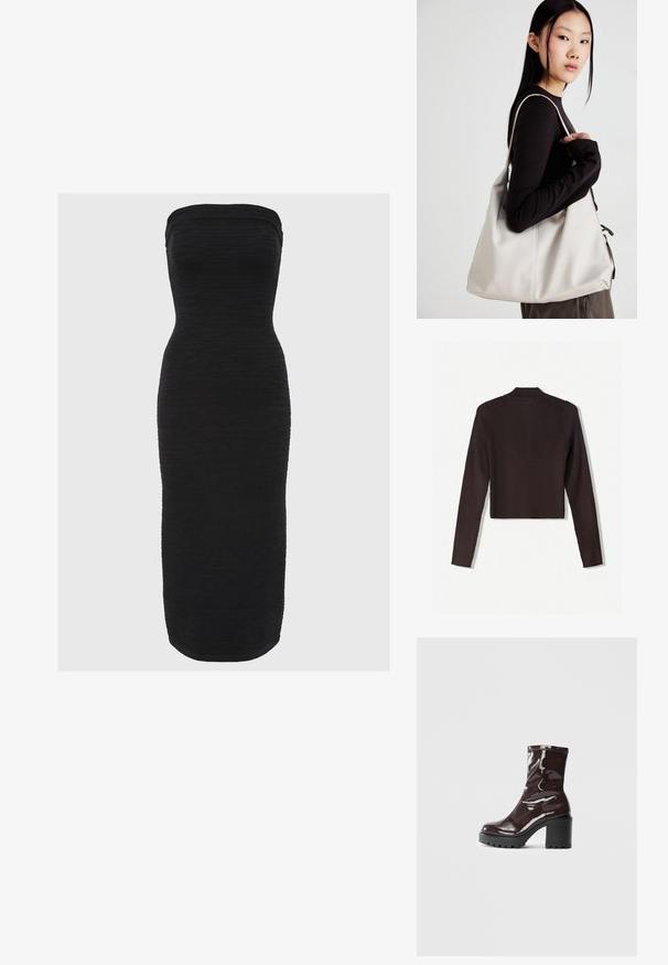 Bershka Kardigan - dark brown; Černé bezramínkové midi šaty s přiléhavým střihem, texturovaná látka s horizontálními pruhy a rovný lemy.; Lesklá bordó kotníková bota s masivním černým podpatkem, se hladkým povrchem a jednoduchým designem. Žádné viditelné zapínání ani vzory.; Beige kabelka vyrobená z měkkého materiálu, s volným designem, prošívanými detaily a dvěma ramenními popruhy. Vhodná pro každodenní použití.