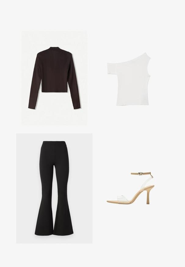Bershka Kardigan - dark brown; Asymetrický bílý top vyrobený z hladké látky, s jedním krátkým rukávem a jedním bezramenním designem, s čistým, minimalistickým vzhledem.; Černé zvonové legíny vyrobené z elastického materiálu, s vysokým pasem a hladkým povrchem, zúžující se směrem dolů do širokého rozšíření u kotníků.; Průhledná sandálová obuv s průhledným svrškem, béžovou stélkou a štíhlým páskem kolem kotníku. Má špičatou špičku a tenký vysoký podpatek.