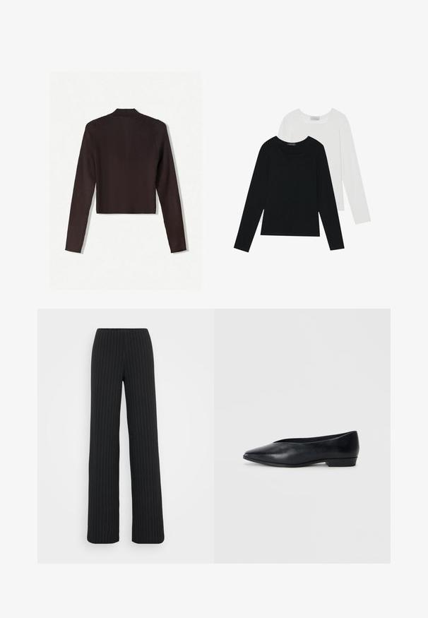 Bershka Vest - dark brown; Twee shirts met lange mouwen, één zwart en één wit, beide met een vierkante halslijn en gemaakt van zacht, rekbaar materiaal.; Vero Moda Tall VMBERLIN MY WIDE - Broek - obsidian/oatmeal; Zwart leren platte schoen met een spitse neus, iets verhoogde hak en een glad oppervlak. Eenvoudig ontwerp zonder zichtbare hardware of patronen.