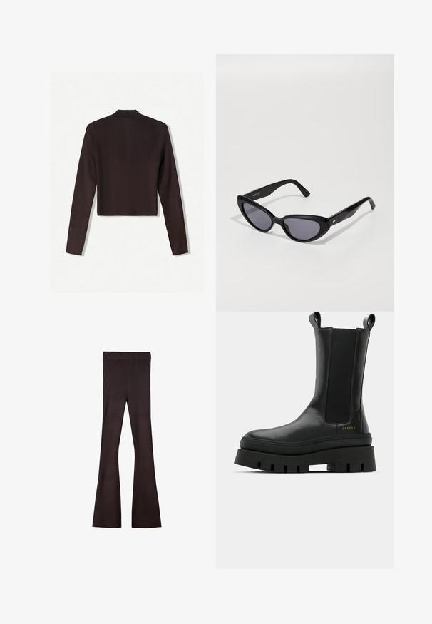 Bershka Cardigan - dark brown; Top alb din bumbac cu o textură canelată, prezentând o margine neagră de-a lungul gâtului și ale brațelor. Design simplu, fără mâneci.; Bershka Pantaloni - dark brown; Botoșei negri până la glezne, cu un finisaj din piele netedă, panouri laterale elastice și o talpă plataforma texturată și masivă, având un detaliu cu logo.; Ochelari de soare negri, cu lentile întunecate, în formă de ochi de pisică. Fabricati din plastic lucios, cu un accent subtil de aur pe tempă. Textura netedă și forma îndrăzneață.