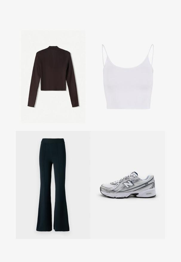 Bershka Strickjacke - dark brown; Weißes Camisole-Top mit dünnen verstellbaren Trägern, tailliertem Design und glatter, dehnbarer Textur ohne Muster oder Verzierungen.; Schwarz ausgestellte Hosen mit geripptem Bund, strukturiertem Stoff und vertikalen Nahtdetails. Sie verfügen über ein eng anliegendes Oberteil und ein ausgestelltes unteres Design.; New Balance Sportschuh mit einem Mesh-Obermaterial, überwiegend weiß mit grauen und marineblauen Akzenten, ausgestattet mit einer gepolsterten Sohle und strukturierten Details.