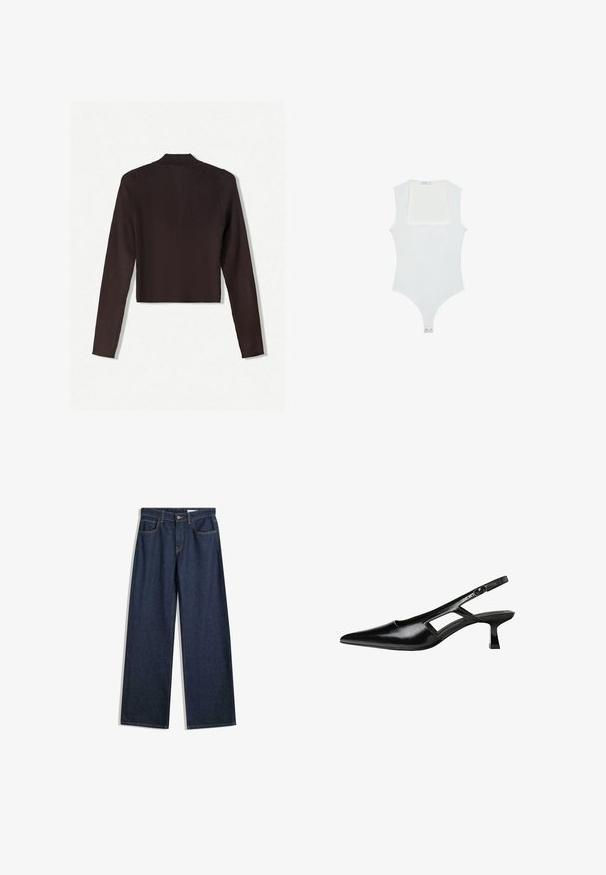 Bershka Vesta na kopčanje - dark brown; Bijela bodi s kvadratnim izrezom, bez rukava, glatke teksture i kopčanjem na dnu. Jednostavan i minimalistički stil.; Široke tamnoplave traperice s pet džepova, vidljivim šavovima i dugmetom za zatvaranje. Imaju ravni kroj i blago oštećenje.; Crne lakirane natikače na remenčić sa špicastim nosom, dizajnom sa izrezima sa strane i malim kvadratnim potplatom. Glatka tekstura s minimalnim akcentima.