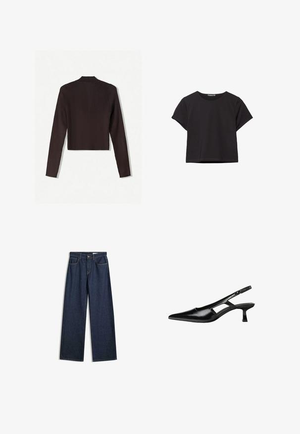 Bershka Kardigan - dark brown; Černý krátký rukávový crop top z měkké látky, s kulatým výstřihem a volnějším střihem s rovnou spodní částí.; Široké tmavé denimmové džíny s pěti kapsami, viditelným šitím a knoflíkovým zapínáním. Mají přímý střih a mírné opotřebení.; Černé lakované lodičky na podpatku se špičatou špičkou, výřezovým designem na boku a malým čtvercovým podpatkem. Hladká textura s minimálními akcenty.