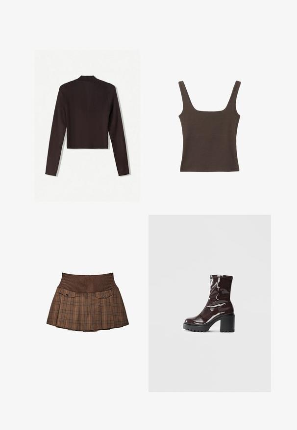 Bershka Kardigán - dark brown; Hnedý bezrúškový top so štvorcovým výstrihom, vyrobený z mäkkého, elastického materiálu. Má priliehavý strih a ploché švy.; Hnedá kockovaná sukňa s vrúbkovaným pásom, má dve predné vrecká so zacvakávacími gombíkmi, plisovaný dizajn a precízne spracovanie.; Lesklé burgundské kotníkové boty s robustním černým podpatkem, s hladkou strukturou a jednoduchým designem. Bez viditelných zapínání nebo vzorů.