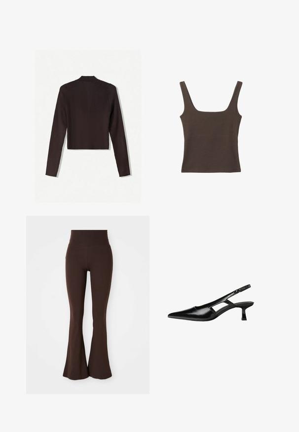 Bershka Kofta - dark brown; Brun ärmlös topp med fyrkantig halsringning, tillverkad av mjukt, elastiskt tyg. Har en figurnära design och plana sömmar.; Bruna utsvängda leggings gjorda av mjukt, elastiskt tyg, med en hög midja och en passform som vidgar sig vid ankeln.; Svart lackläder slingback-klackar med spetsig tå, utskuren sidor och en liten fyrkantig klack. Slät textur med minimala accenter.