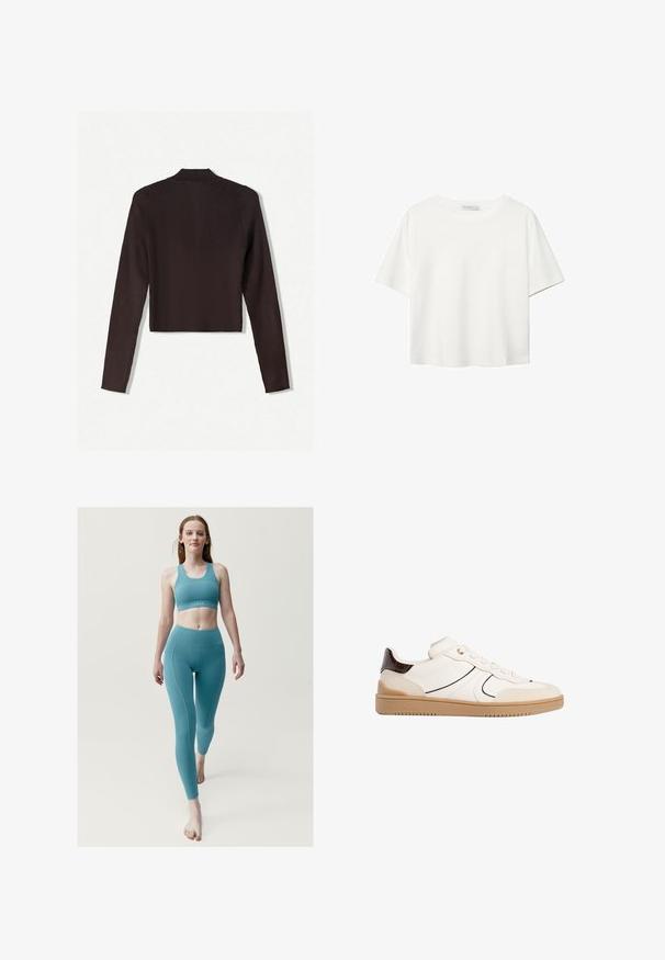 Bershka Neuletakki - dark brown; Valkoinen lyhythihainen T-paita, joka on tehty puuvillasta. Siinä on pyöreä kaula-aukko ja rento malli. Silkkinen pinta ilman näkyviä kuvioita tai koristeita.; Born Living Yoga CAROLE - Trikoot - azul claro; Stradivarius Matalavartiset tennarit - white