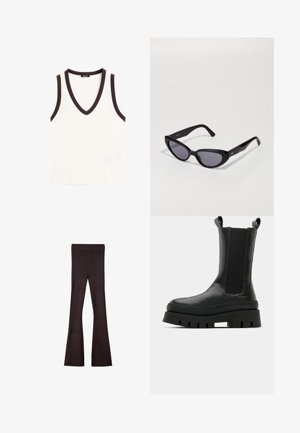 Bershka Cardigan - dark brown; Canotta bianca senza maniche con scollo a V profondo e rifiniture marrone scuro attorno al collo e alle aperture delle maniche.; Bershka Pantaloni - dark brown; Stivali neri alla caviglia con finitura in pelle liscia, pannelli laterali elastici e una suola piatta spessa e testurizzata, con dettagli del logo.; Occhiali da sole neri a forma di occhio di gatto con lenti scure. Realizzati in plastica lucida, presentano un sottile accento dorato sulla tempia. Texture liscia e forma audace.