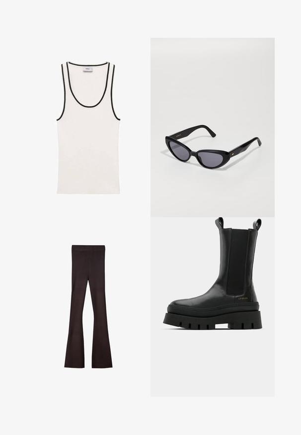 Bershka Kardigan - dark brown; Bílé tílko s ribbovanou texturou, s černým lemem kolem výstřihu a armholí. Jednoduchý, bezrukávový design.; Bershka Kalhoty - dark brown; Černé kotníkové boty s hladkým koženým povrchem, elastickými bočními panely a silnou, texturovanou platformou, se znakem detailu.; Černé sluneční brýle ve tvaru kočičích očí s tmavými skly. Vyrobené z lesklého plastu, s jemným zlatým akcentem na spáncích. Hladký povrch a výrazný tvar.