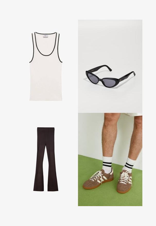 Bershka Strickjacke - dark brown; Weißes Tanktop mit gerippter Textur, mit schwarzem Besatz entlang des Halsausschnitts und der Armausschnitte. Einfaches, ärmelloses Design.; Bershka Stoffhose - dark brown; Braune Wildleder-Sneaker mit weißen Akzenten und Schnürsenkeln. Gummisohle in Kautschuk-Optik. Getragen mit weißen Socken, die schwarze Streifen haben. Grüner strukturierter Fußboden.; Schwarze Katzenaugen-Sonnenbrille mit dunklen Gläsern. Hergestellt aus glänzendem Kunststoff, mit einem dezenten goldenen Akzent an den Bügeln. Glatte Textur und auffällige Form.