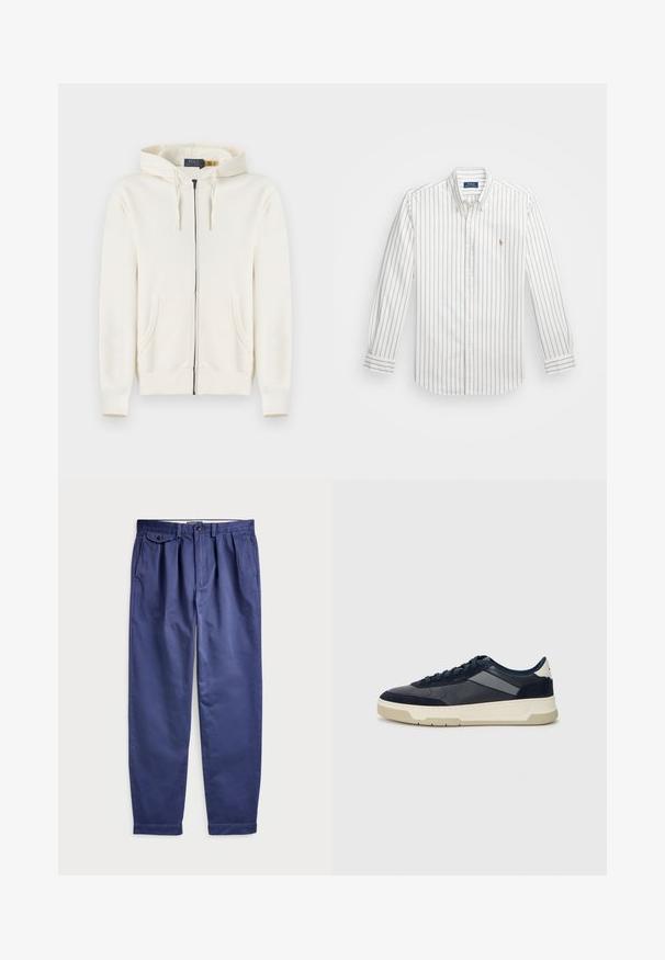 Cremefarvet fuld-zip hættetrøje med frontlommer, snor i hætten og ribbede manchetter, lagt fladt på en hvid baggrund.; Hvid skjorte med lysblå lodrette striber, lange ærmer, knaplukket krave og lille broderet logo på venstre bryst.; Marineblå bomuldsbukser med en afslappet pasform, med folder foran, to sidelommer og knaplukning ved taljen.; BOSS BALTIMORE - Sneakers - open blue