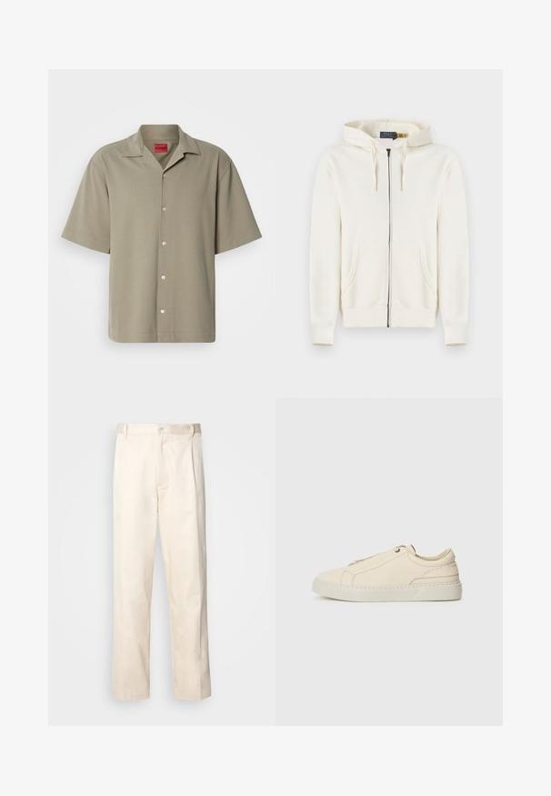 Κρεμ χρώματος φούτερ με πλήρες φερμουάρ, με μπροστινές τσέπες, κουκούλα με κορδόνι και ριμπ μανσέτες, τοποθετημένο επίπεδα σε λευκό φόντο.; Κοντομάνικο καμηλό πουκάμισο με κουμπιά, μαλακή υφή, γιακά με άνοιγμα και ανάγλυφο λογότυπο. Κλασικός σχεδιασμός με άνετη εφαρμογή.; Μπεζ βαμβακερό παντελόνι με ίσια γραμμή, διαθέτει κουμπί κλεισίματος και πτυχές στο μπροστινό μέρος για επιπλέον λεπτομέρεια.; Μπεζ δερμάτινα sneakers με στρογγυλή μύτη, μινιμαλιστικό σχέδιο, διακριτές ραφές και υφή στην επιφάνεια, σε μια ανοιχτόχρωμη σόλα.