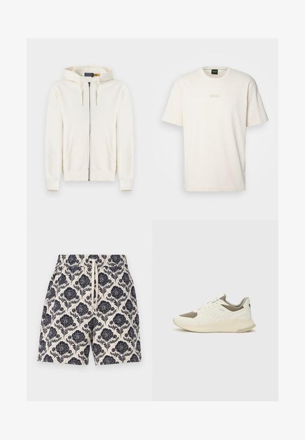 Kreminės spalvos, visiškai užsegama džemperis su kišenėmis priekyje, su raišteliais ir mezginiais rankogaliais, išklotas ant balto fono.; BOSS TEE - Paprasti marškinėliai - open white; Kremiški šortai su tamsiai mėlynu gėlių raštu, turintys elastingą juosmenį ir raištelį, pagaminti iš lengvos medžiagos.; Baltas ir šviesiai bežinis sportinis kedas, su tinklo viršumi, perforuotais detalėmis ir tekstūruotu tarpine su logotipu ant kulno.