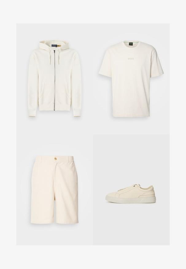 Ekrü színű, teljes cipzáras kapucnis pulóver, elülső zsebekkel, húzózsinóros kapucnival és bordázott mandzsettákkal, fehér háttérre fektetve.; BOSS TEE - Basic póló - open white; Les Deux JOHNNY CASUAL - Rövidnadrágok - ivory; Beige bőr sneaker, lekerekített orral, minimalista dizájnal, finom varrási részletekkel és texturált felsőrésszel, világos talpon.